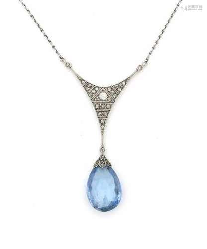 Platinum necklace with a briolette cut Ceylon coloured sapphire and old cut diamonds. Period ca.