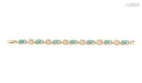 14 carat yellow gold bracelet with imitation stones and seven turquoise coloured paste stones,