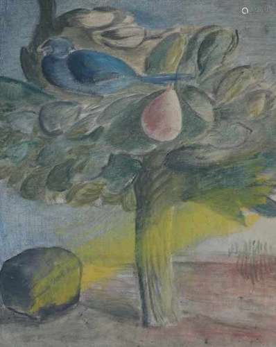 Charles Roelofsz (1897-1962)'Vogel in pereboom' (Bird in pear tree). Verso label of art dealer M. L.