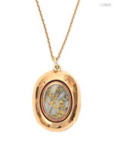 14 carat rose gold necklace with an oval pendant with moss agate included with gold flakes, 19th