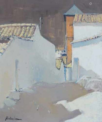 Josep Martinez Lozano (1923-2006)Spanish village street. Signed lower left. Verso dedication 