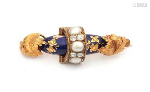 Enamel brooch, provenance: France 19th century. Diamonds ca. 0.60 ct. colour J-K Vs-Si. 3 orient