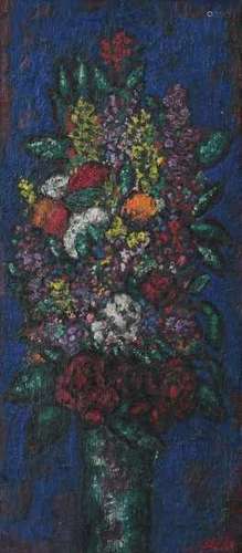 Ferry Slebe (1907-1994)Abundant floral still life. Signed lower right.Board 41 x 93 cm.- - -29.