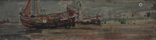 European school 20th centuryMoored fishing boats. Unclearly signed lower right.Marouflé 9 x 33,5