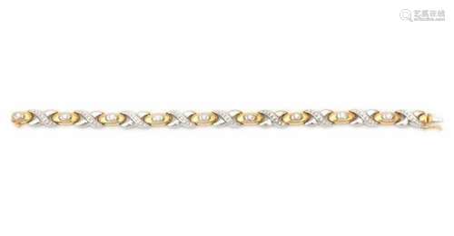 Two tone yellow and white gold 18 carat gold and diamond bracelet set with brilliant cut diamonds.