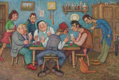 Oskar Nussio (1899-1976)The card players. Signed and dated 1972 lower right.canvas 50 x 77 cm.- - -