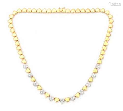 Two tone 18 carat gold heart link necklace with diamonds, in yellow and white god. The white gold