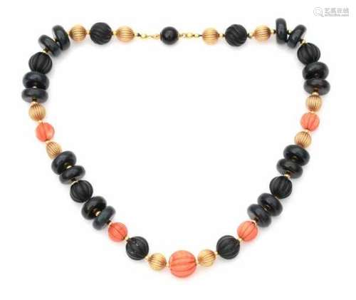 Necklace of onyx, coral and gold beads on an 18 ct. clasp, five salmon coloured coral beads with