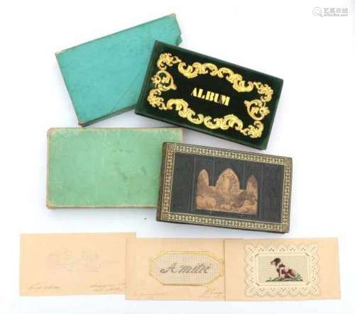 Album Amicorum 1843 with two small embroideries in a gilt and blindstamped box titled 