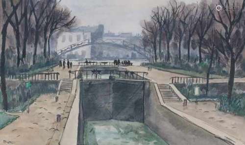 Louis Robert Antral (1895-1939)'Le canal St. Martin a Paris'. Signed lower left.watercolour 26 x