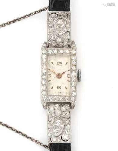 Platinum and diamond Art Deco ladies watch, rectangular case set with old cut and single cut