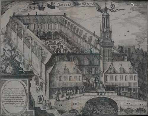 Engraving depicting the Amsterdam Stock Exchange, built by Hendrik de Keyser c. 1612 as found in