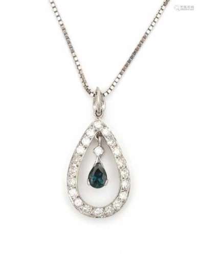 18 carat white gold diamond and sapphire pendant with necklace. Drop shaped pendant set with a