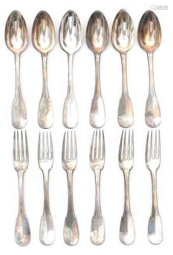 Six Dutch silver table forks and dinner spoons. Maker's mark Pieter Las van Bennekom, Amsterdam.