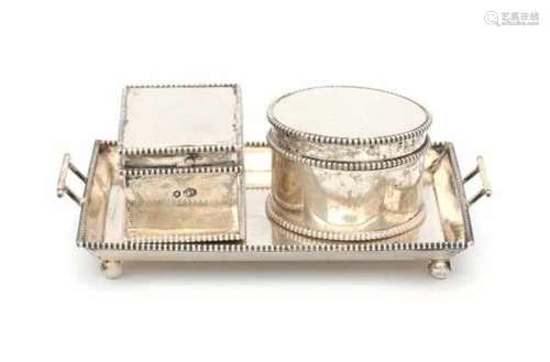 Two Dutch miniature silver biscuit boxes on a tray. Maker's mark indistinct. Year letter 1906.Length