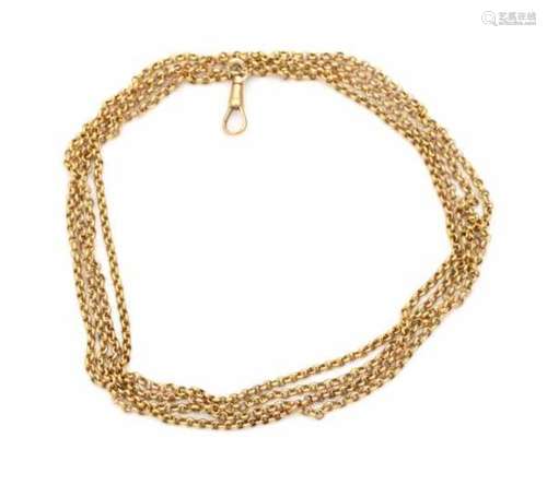 A long 18 carat gold watch chain or St.Albert's chain, on a gold 'musket' clasp or lobster clasp.