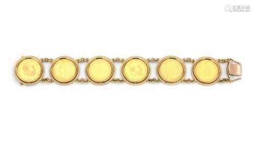 A gold bracelet in 14 carat set with six Dutch coins. Six 'ten guilders' of the following years: