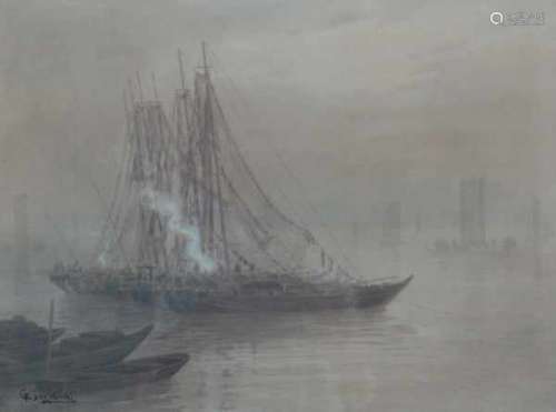 Ginnosuke Yokouchi (1870 - 1942). Ships in the mist. Signed lower left.watercolour 48,5 x 65,5