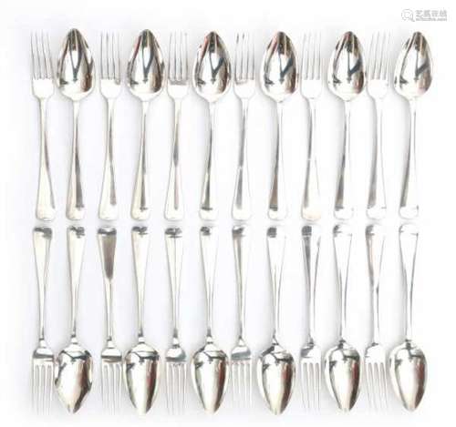 Twelve Dutch silver forks and spoons. Maker's mark Fa. J.M. van Kempen & Zonen, Voorschoten. Year