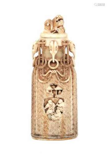 A Japanese ivory flask, decorated with musicians and dancers, the neck with draped ropes and