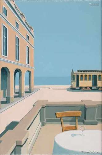 Joop Polder (1939-)Tram by the sea. Signed lower right.canvas 30 x 20 cm.- - -29.00 % buyer's