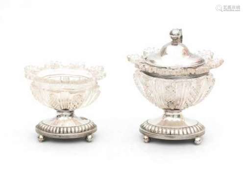 A Dutch Sterling silver and crystal salt cellar and mustard pot. Maker's mark Hendrik Smits,