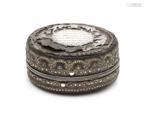 A Dutch silver and shagreen box. With in silver the coat of arms of William III of England (1650-