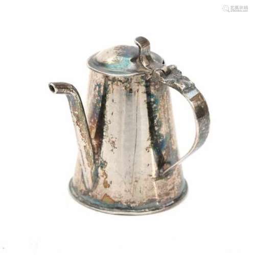 A Dutch miniature silver coffeepot. Maker's mark: 'Meester van de druiventros' ('master of the bunch