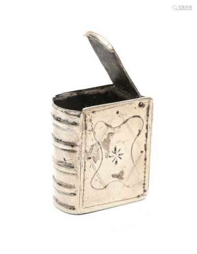 A Dutch miniature silver bookshaped box. 19th century.height 3,5 cm. Weight: 25 gram- - -29.00 %