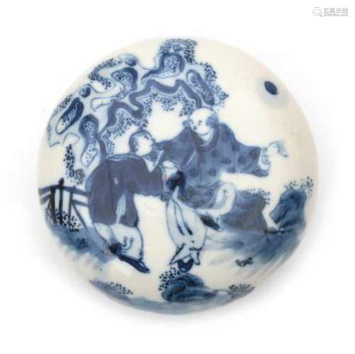 A round Chinese blue and white covered box, decorated with martial arts lesson in a garden. With six