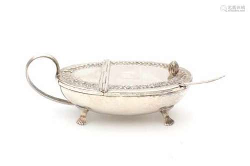 A Greek Sterling silver sugar bowl with glass liner. Indistinctly marked. The lid with engraving: '