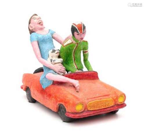 Ineke van der Schaaf (XX)A coloured ceramic sculpture. 'Joyrider'.42 x 54 x 30 cm.- - -29.00 %