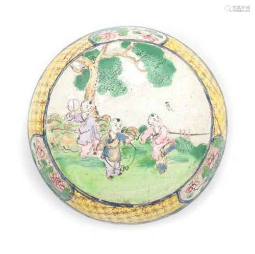 A Canton enamel lidded box, the cover decorated with playing boys. Marked with a four character