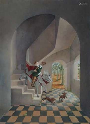 Suzan Visser (1967)King on a donkey off to hunt. Signed and dated 2003 lower right.panel 41 x 30