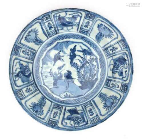 A Chinese blue and white 'kraak' charger, decorated with a bird on rocks in a star shaped