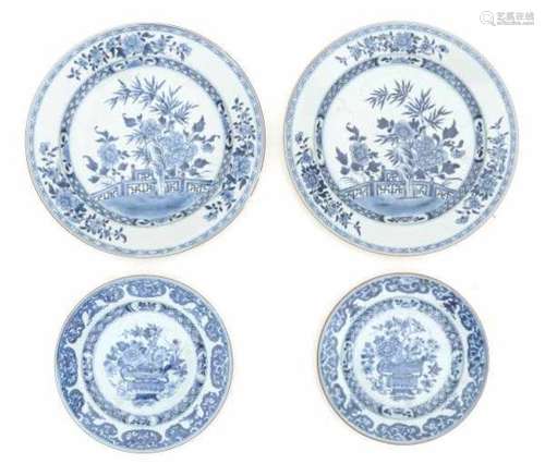 Two pairs of Chinese blue and white plates. Decorated with flowerbaskets and flowering peonies in