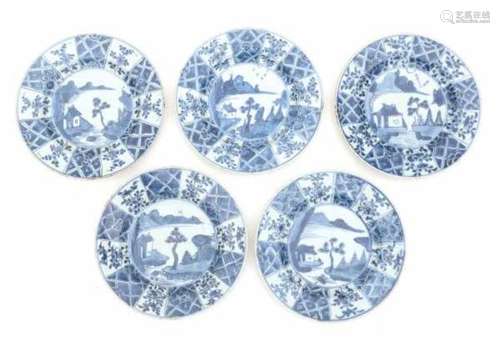 A set of five Chinese blue and white export plates, decorated with a landscape. 18th centuryDiameter