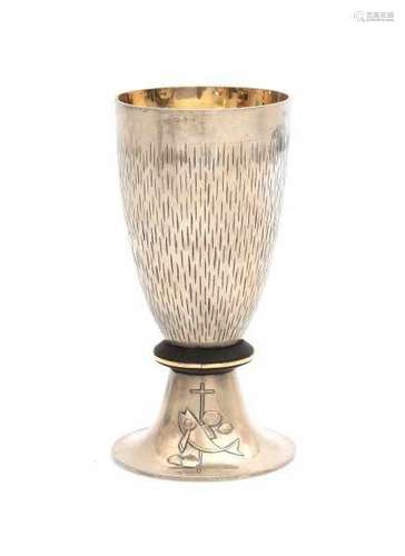 A Dutch silver chalice. Maker's mark L.H.J.M. Oostwegel, Heerlen. Jaarletter 1964. The paten is