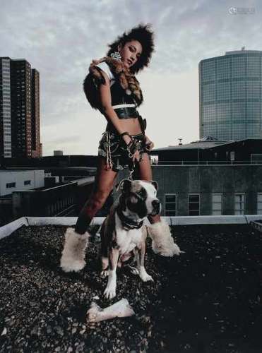 Manu Chaix (XX)Woman with bulldog. Photograph from a fashion shoot in Lokus010, Hoogstraat