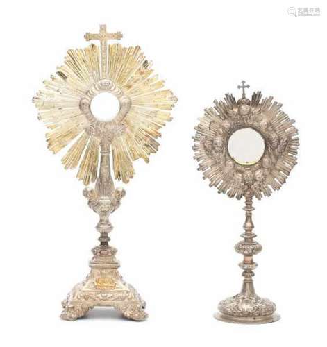 Two continental silver monstrance. 18th/19th century. One French Sterling silver, the other 18th