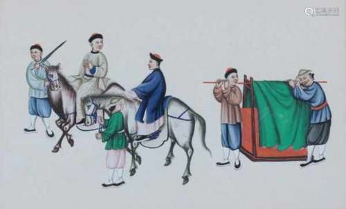 A Cantonese export painting, depicting two men on horseback followed by carriers. 19th century.19