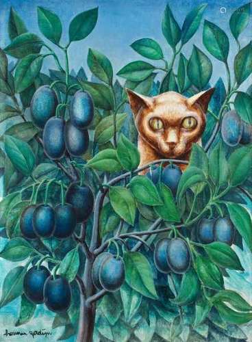 Herman Gordijn (1932-2017)Cat in plum tree. Signed lower left.canvas 39,5 x 29 cm.- - -29.00 %