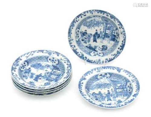 A set of six Chinese blue and white plates, decorated with a scene from 'romance of the Western