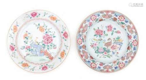 Two Chinese famille rose plates, decorated with a goose between flowering plants. 18th