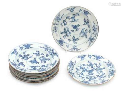 A set of ten Chinese blue and white plates, decorated with flowers. Qianlong period (1736-1795).