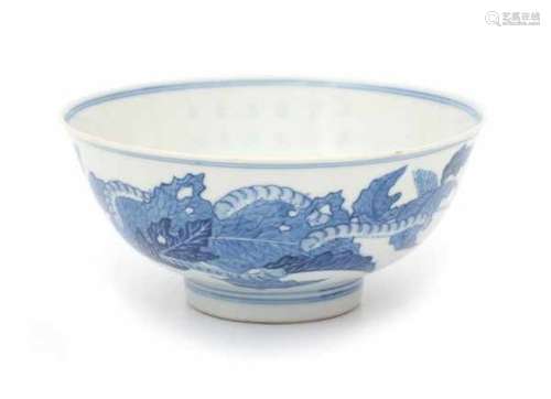 À Chinese blue and white bowl, decorated with silkworms and a poem. With a six character mark,