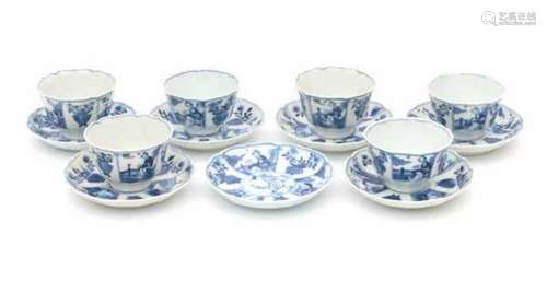 A set of six Chinese blue and white cup and saucers, decorated with a deer and lingzhi surrounded by