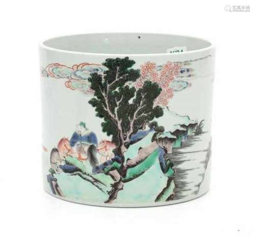 A Chinese famille verte brushpot 'bitong', decorated with a procession greeting a fisherman on the