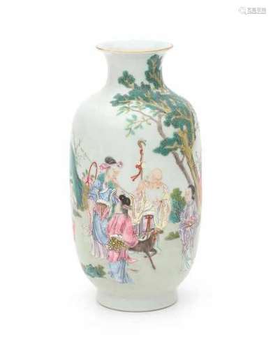 A Chinese famille rose 'birthday' vase, decorated with immortals bringing gifts to Shoulao. With