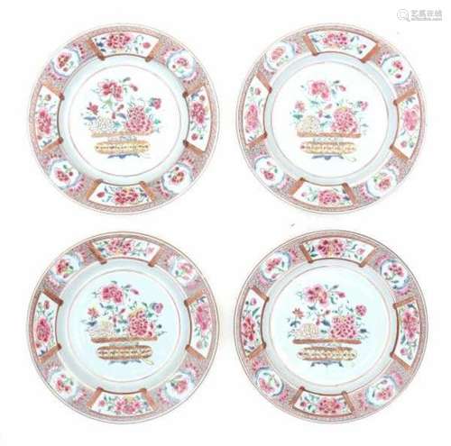 A set of four Chinese famille rose plates, decorated with a flower basket. Qianlong period (1735-